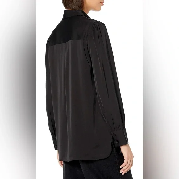 The Drop •Women's @Lucyswhims Black Long-Sleeve Button-Down Stretch Satin Top S - Picture 4 of 5